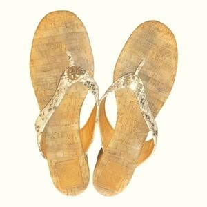 Tory Burch Suzy Cork Tan Brown Snakeskin Print Leather Wedge Thong Sandals 10.5M